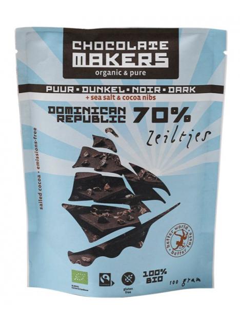 Bio chocozeiltjes puur 70% met zeezout en nibs